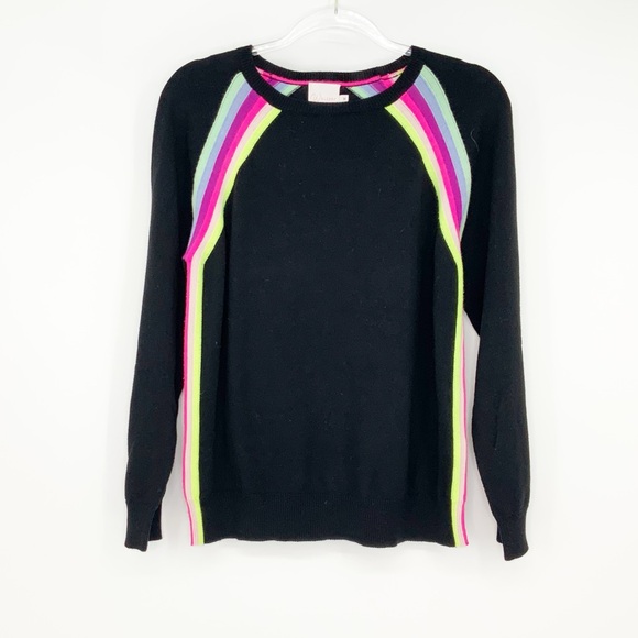 Whisper by Brodie Black Silk Blend Crewneck Sweater Electric Stripes, Size Med - Picture 1 of 8